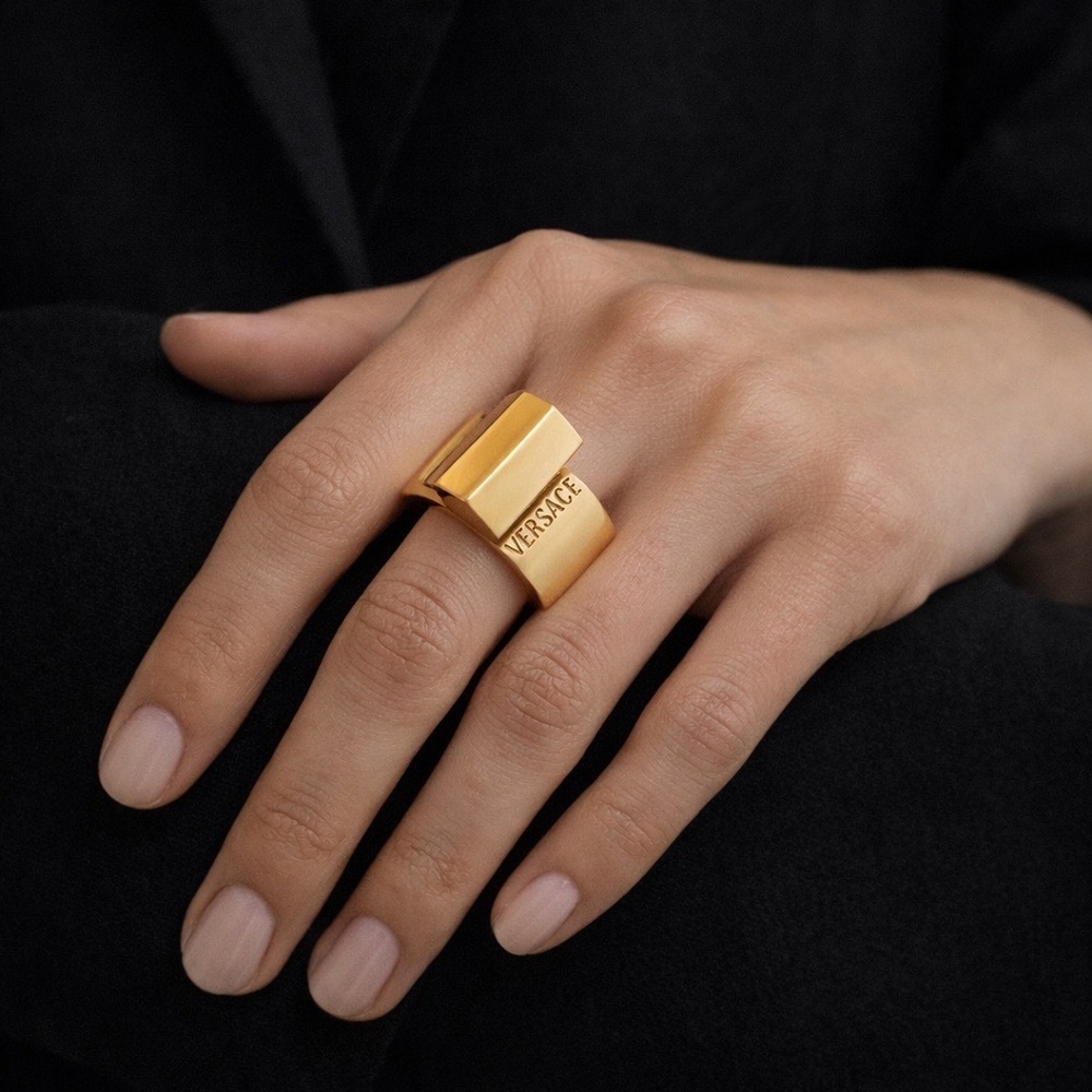 Versace Greca Logo Embossed Ring Statement Ring Gold Tone